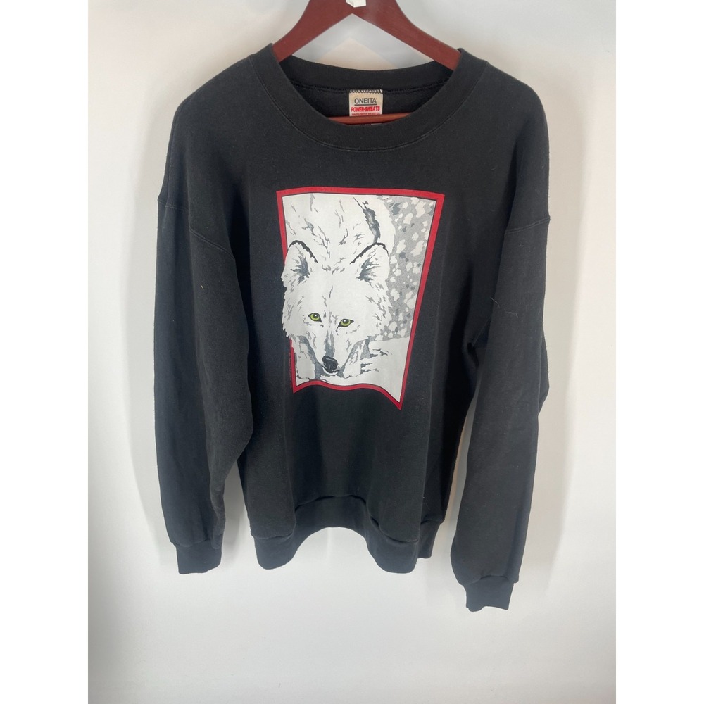 Vintage Oneita Power-Sweats Wolf Graphic USA Fleece Sweatshirt Black XL 46-48